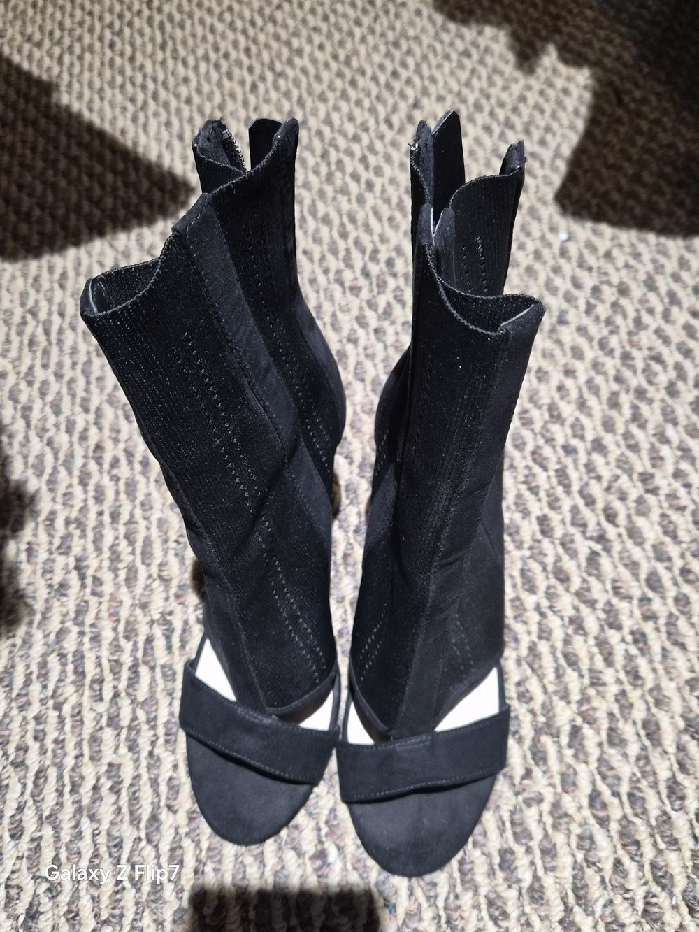 Black Stretch-Sock Open-Toe Heeled Boots